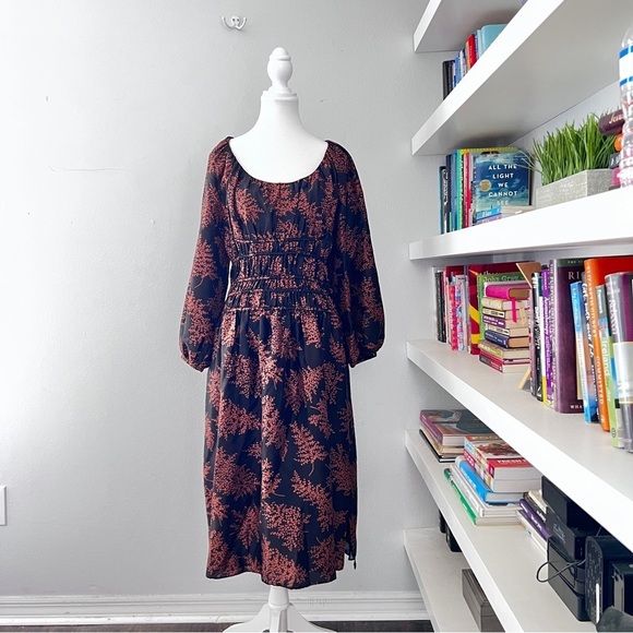Rebecca Taylor Arden Fern Silk MIDI Dress Black/Copper Colored floral print L - Picture 3 of 16